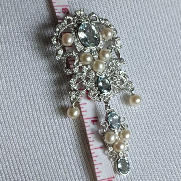 18K/Diamond/Aqua/Pearl Brooch Victorian Style - Picture 2 of 15